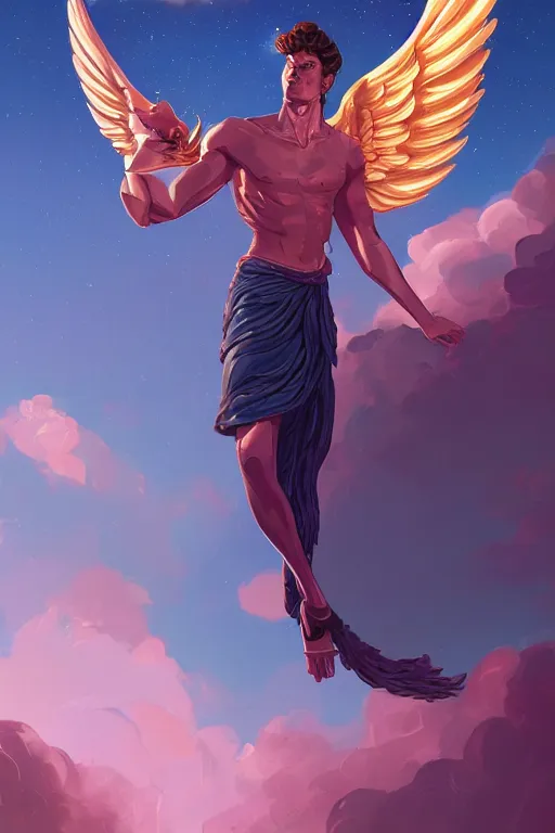 Prompt: highly detailed, the handsome greek god hermes, wearing winged helmet, holding glowing laptop computer, clouds of glowing binary code, digital painting bioluminance alena aenami artworks in 4 k design by lois van baarle by sung choi by john kirby artgerm style pascal blanche and magali villeneuve