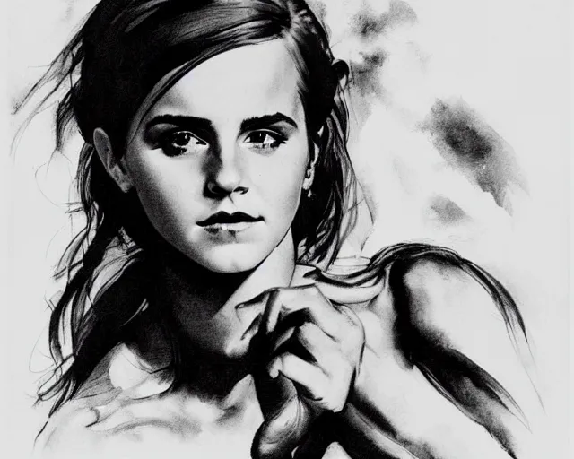 Image similar to portrait of emma watson by frank frazetta, black and white illustration, inked