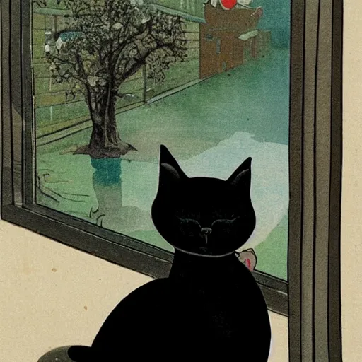 Prompt: A young lady in a kimono with almond-shaped eyes, sitting on a chair in a huge empty room, a black cat sitting on the window, a girl smiling, style