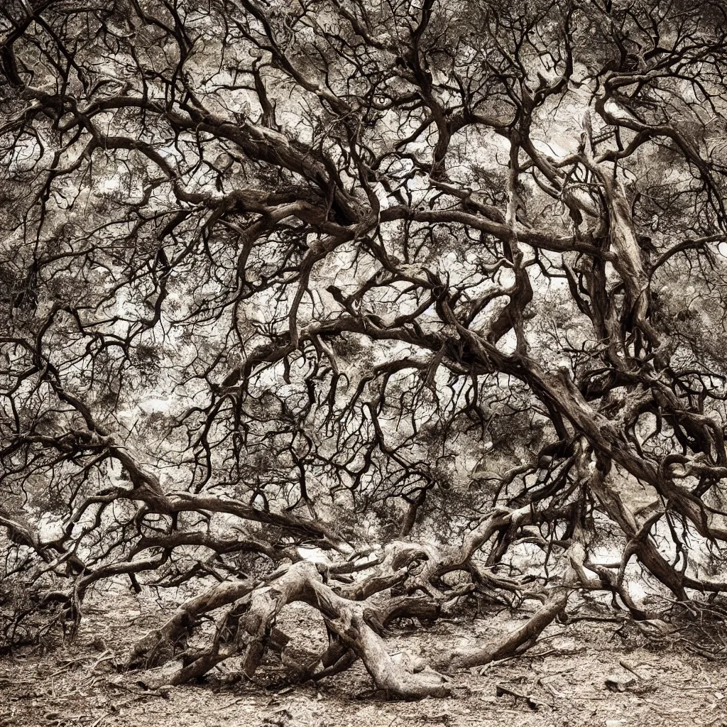 Prompt: a dry and dead huge tree in a forest and eroded stones, dust, wind, dirt, advertising photography