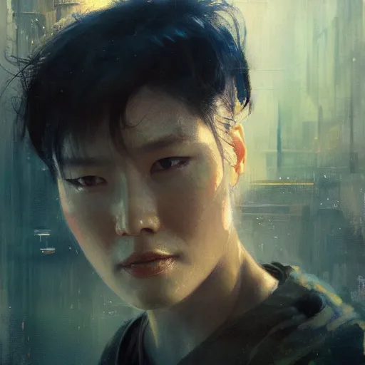 Image similar to kim ji - soo, hyperrealistic portrait, bladerunner street, art of elysium by jeremy mann and alphonse mucha, fantasy art, photo realistic, dynamic lighting, artstation, poster, volumetric lighting, very detailed face, 4 k, award winning