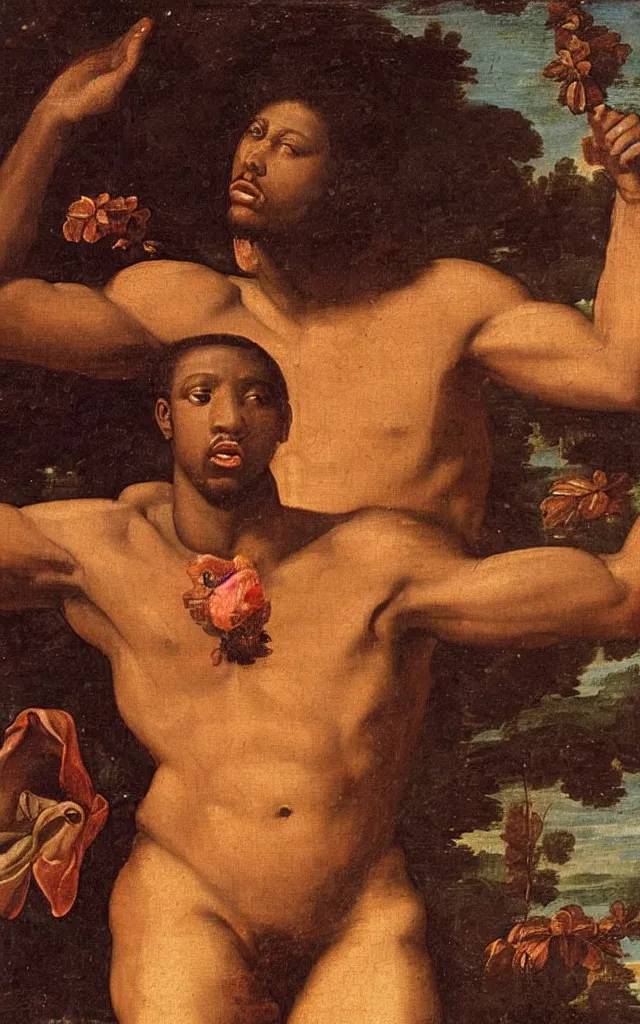 Prompt: Renaissance painting of St. Sebastian as a Black African man with an afro and dark skin, accurate face, detailed face