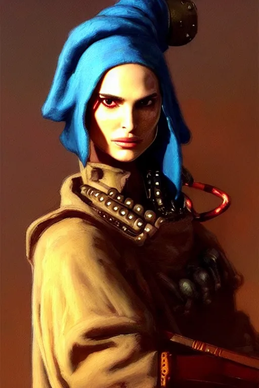 Image similar to character portrait cyberpunk warhammer 4 0 k, natalie portman as the girl with the pearl earring character design, painting by gaston bussiere, katsuya terada, frank frazetta, tom of finland, trending on artstation