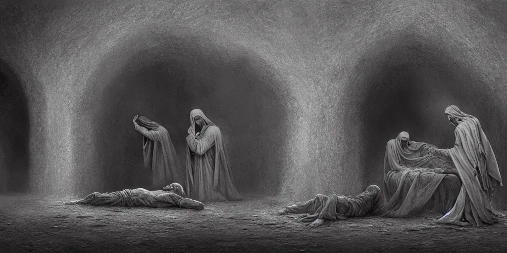 Image similar to jesus rots bodily inside his tomb in graphic detail, crime scene photography, d & d, fantasy, intricate, elegant digital painting, artstation, concept art, matte, sharp focus, illustration, zdzisław beksinski, gustave dore, ghibli, miyamoto abduzeedo