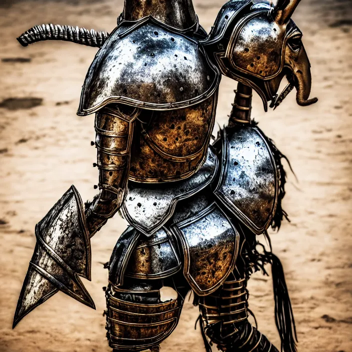 Prompt: photo of a warrior with metal jiraffe themed armour, highly detailed, 4 k, hdr, smooth, sharp focus, high resolution, award - winning photo
