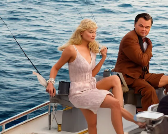 Image similar to leonardo dicaprio as the wolf of wall street next to margot robbie as naomi from the wolf of wall street on a fishing boat, hyper realistic faces, beautiful eyes, cinematic, long shot, hyper detailed, 8 5 mm photograph, 8 k resolution, film still, sharp lens, wide lens