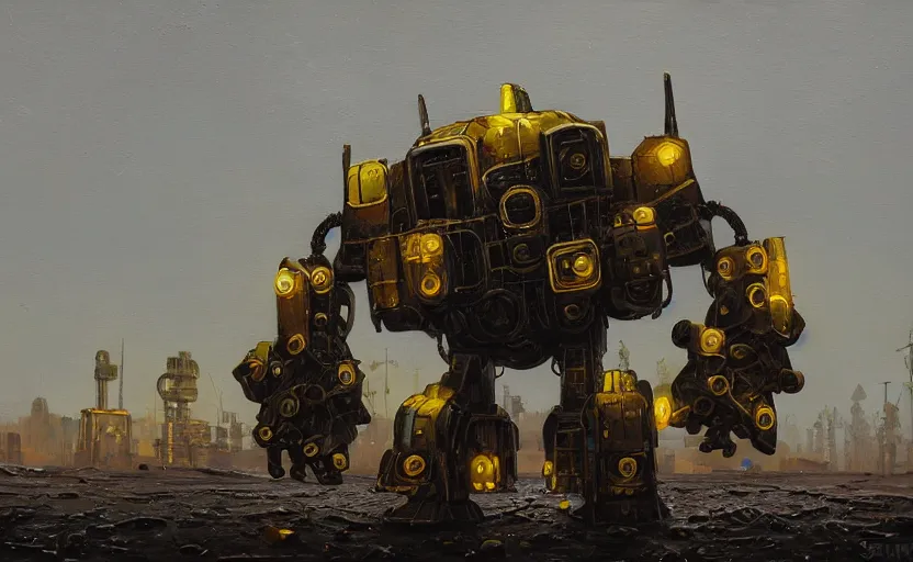 Image similar to an intricate oil painting of a giant armored plated metal mecha by simon stalenhag, rust, yellow and black trim