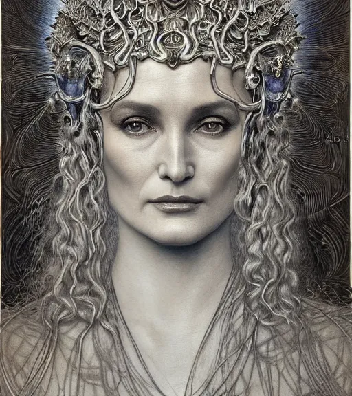 Image similar to detailed realistic beautiful young jessica lange as queen of mars face portrait by jean delville, gustave dore and marco mazzoni, art nouveau, symbolist, visionary, gothic, pre - raphaelite. horizontal symmetry by zdzisław beksinski, iris van herpen, raymond swanland and alphonse mucha. highly detailed, hyper - real, beautiful