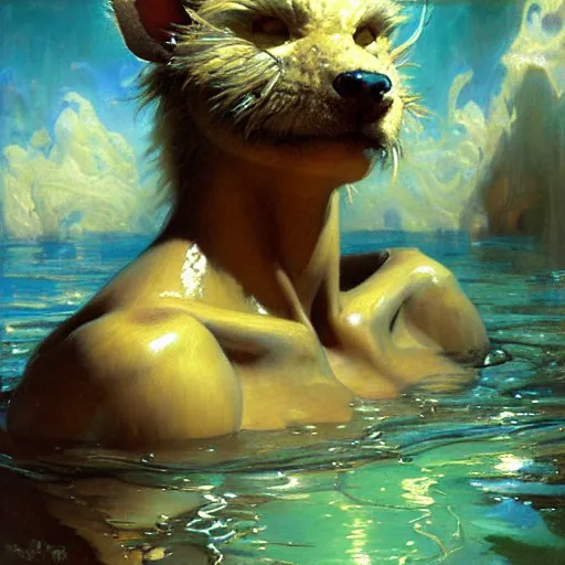 Image similar to a portrait of a furry alien human hybrid in the pool. highly detailed painting by gaston bussiere, craig mullins, j. c. leyendecker, furry