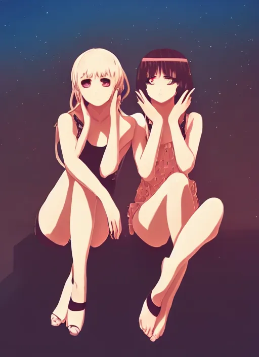 Prompt: two beautiful identical women sitting on a hot summer evening, gorgeous faces, thick lines, cinematic lighting, detailed anime art