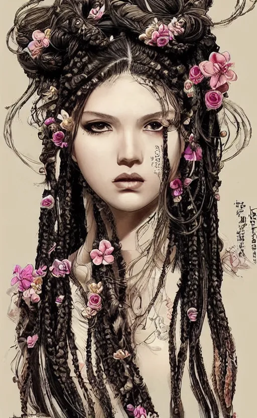 Prompt: beautiful long hairstyle with flowers and braids with beads of shells and dreads, pinterest hair picture, back of the hair, long In style of Yoji Shinkawa and Hyung-tae Kim, concept art, highly detailed