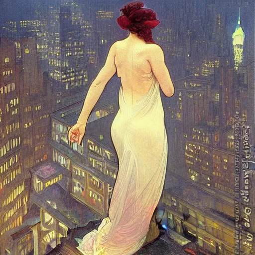 Prompt: “ a girl standing on a ledge looking down at a futuristic new york city below, fog, storm clouds, rain, detailed face, oil painting, by alphonse mucha ”