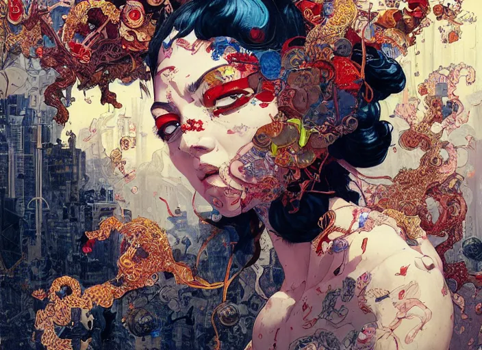 Image similar to orientalism portrait painting by james jean and katsuhiro otomo and erik jones, inspired by akira anime, smooth texture, intricate oil painting, high detail illustration, sharp high detail, long exposure city pop