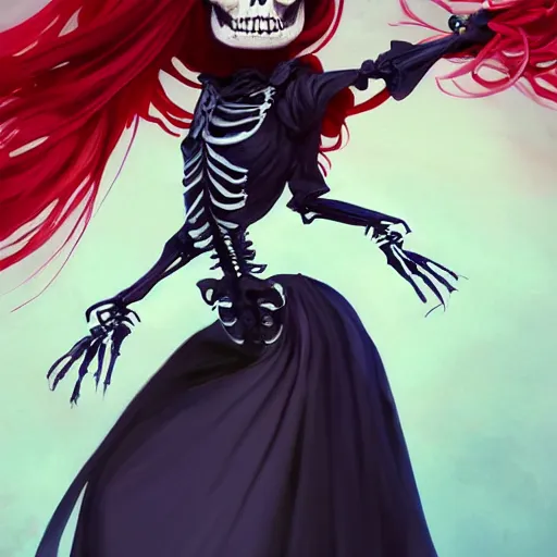 Prompt: cute & beautiful smug smiling undead skeleton girl with red hair dressed as a witch, elegant, digital art, fantasy, pixar style, painting, pin up, highly detailed, artstation, art by artgerm, vrubel, greg rutkowski, ilya kuvshinov, raymond swanland