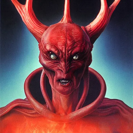 Image similar to realistic alien with horns. red eyes, human eyes, background flames, by wayne barlowe
