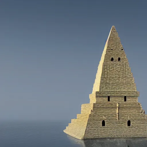 Image similar to hexagonal tower with pyramid on desolate island, surrounded by wall, long bridge, cinematic