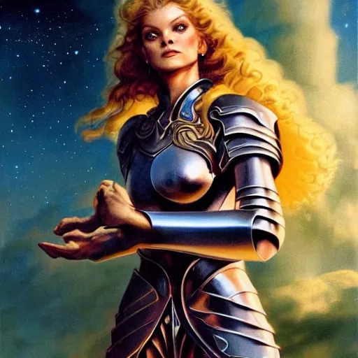 Prompt: stunningly beautiful paladin in copper plate armor who looks like young michelle pfeiffer, moonlight in the background by boris vallejo and julie bell, soft lighting, HD, elegant, intricate, masterpiece, concept art, character design