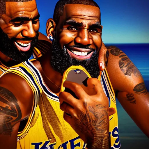 Image similar to beautiful serene intricate portrait of kyrie irving and lebron james taking a selfie, smiling softly, relaxing on the beach, golden hour, soft focus, 8 k, art by irakli nadar, hyperrealism, hyperdetailed, ultra realistic