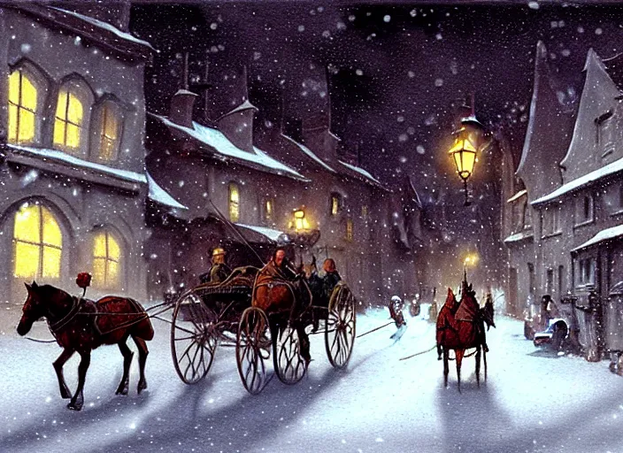 Image similar to a night scene of a snowy town with a horse drawn carriage, a detailed matte painting by anton pieck, deviantart contest winner, fantasy art, concept art, official art, matte drawing