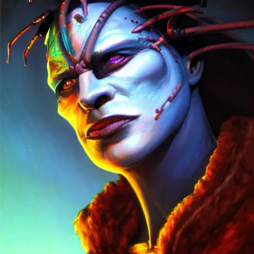 Image similar to Bright, colorful, realistic planescape torment single individual headshot dramatic backlighting, kodachrome, high contrast, highly detailed, sharp focus, digital painting, concept art, illustration, trending on artstation, comic book by Alex Ross cover art