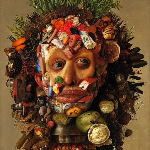 Image similar to a head made out of trash by giuseppe arcimboldo, oil on canvas