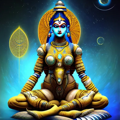 Image similar to Futuristic laxmi Indian Goddess in a robot spacesuit, sci-fi, fantasy, intricate, beautiful, elegant, attractive, indian goddess of wealth, highly detailed, digital painting, artstation, masterpiece, concept art, Four Hands, sitting on a Lotus, smooth, sharp focus, unreal engine 5, WLOP, Octane render, Symmetric, art by artgerm, hajime sorayama, William-Adolphe Bouguereau