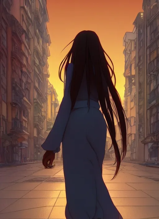 Image similar to pretty young black woman with long hair walking down a city street at dusk, path traced, highly detailed, high quality, digital painting, by studio ghibli and alphonse mucha, leesha hannigan, makoto shinkai, disney