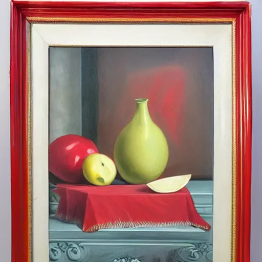 Prompt: a monochromatic nature morte painting in a bright red frame