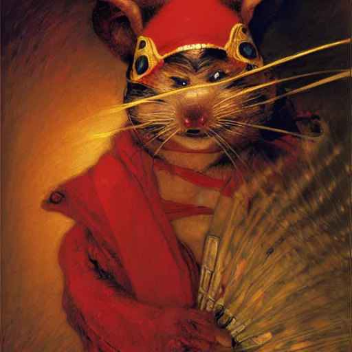 Prompt: a portrait of a male splinter ninja rodent mutant in a red kimono in the sewers. furaffinity furry art detailed face painting by gaston bussiere craig mullins jc leyendecker gustav klimt artgerm greg rutkowski furry