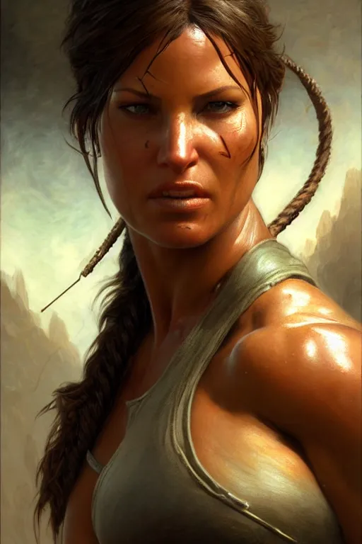 Image similar to muscular sweat lara croft, face close up, ambient occlusion, highly detailed painting by gaston bussiere, craig mullins, j. c. leyendecker 8 k