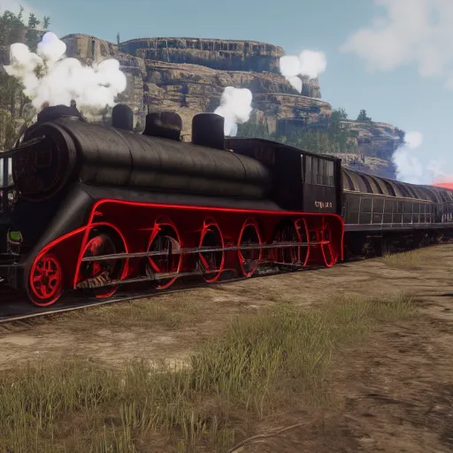 Image similar to futuristic sleek steam locomotive in red dead redemption 2