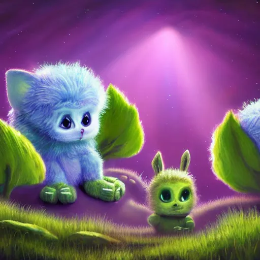 Image similar to cute fluffy aliens with big eyes and big ears in field of weird luminescent plants detailed oil painting 4 k