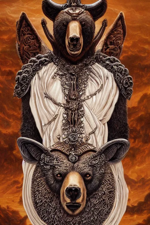 Prompt: sideview waist up portrait of bear baphomet made with porcelain by jeff easley and peter elson, beautiful eyes and face, symmetry face, galaxy, gothic, surreal, dread, highly detailed, intricate complexity, epic composition, magical atmosphere, masterpiece, award winning, trending on artstation