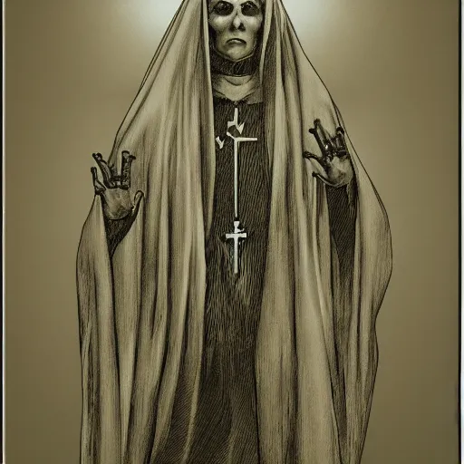 Image similar to photograph of a ghost of an evil catholic nun, gothic horror, hyper detailed,