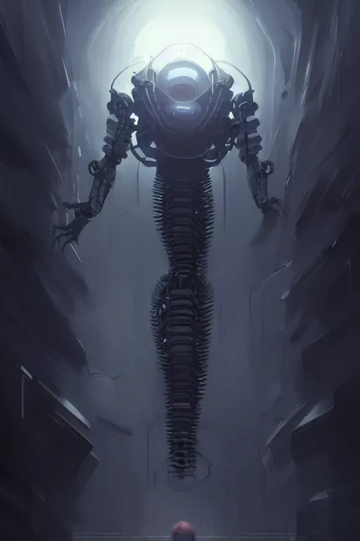 Image similar to professional concept art portrait of a ominous floating robotic terrifying!! species thing in a dark room by artgerm and greg rutkowski. an intricate, elegant, highly detailed digital painting, concept art, smooth, sharp focus, illustration, in the style of cam sykes.