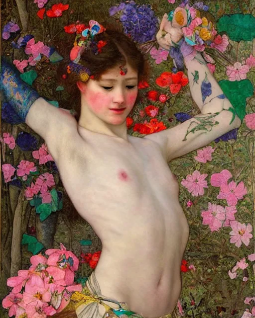 Prompt: a ballerina with colourful tattoos surrounded by colourful flowers, by edgar maxence and caravaggio and michael whela, artistic, intricate drawing, light brazen, realistic fantasy, 8 k resolution