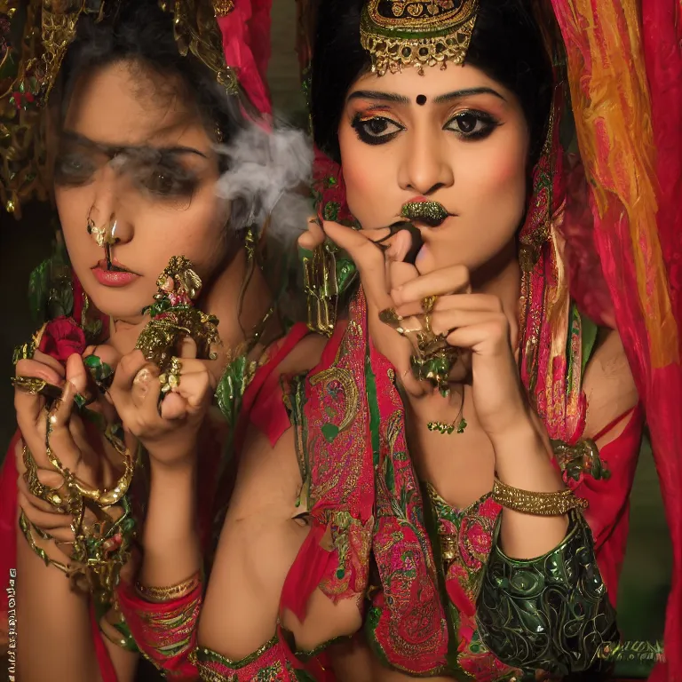 Image similar to bollywood hookah smoking nymphs, androgynous, sharp focus, neotenous, by chen man