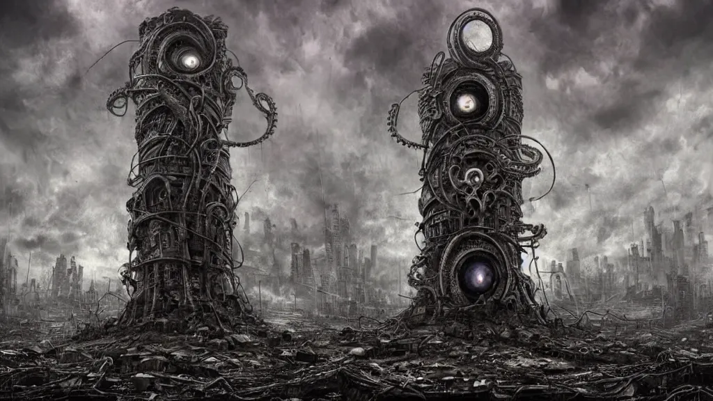 Image similar to A tower with an Eyeball at the top, BioMechanical like Giger, with tentacles coming out, looking over a stormy post-apocalyptic wasteland, dystopian art, wide lens