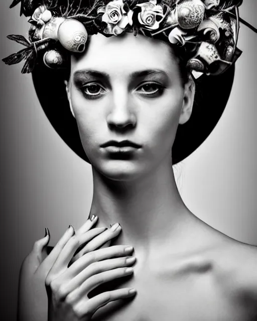 Image similar to a black and white high quality dreamy photo of a young beautiful female queen-pale dragon-vegetal-cyborg bust with a very long neck and a steampunk flower crown, elegant, highly detailed, poetic, soft, dreamy, mysterious, high fashion, in the style of Horst P. Horst, Realistic, Refined, Digital Art, Highly Detailed, Cinematic Lighting, rim light, black and white, photo-realistic, 8K