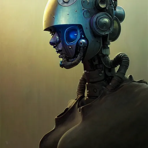 Image similar to a expressive portrait of masked diesel punk robot, depth of field background, artstation, award - winning realistic sci - fi concept art by jim burns and greg rutkowski, beksinski, a realism masterpiece, expressive color palette, james gilleard, bruegel, alphonse mucha, and yoshitaka amano