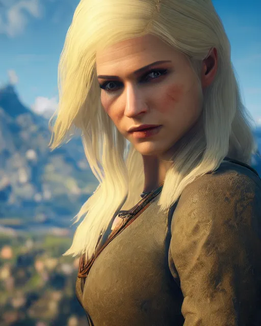 Image similar to a beautiful blonde woman from of the witcher 3 game, Toussaint landscape background, rendered in octane