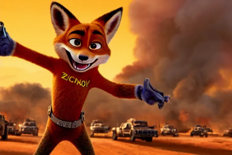 Image similar to nick wilde ( from zootopia ), heavily armed and armored facing down armageddon in a dark and gritty reboot from the makers of mad max : fury road