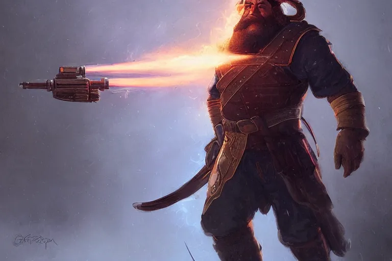 Image similar to this dwarven plasma gunner is holding a flintlock rifle charged by lightning by Greg Rutkowski