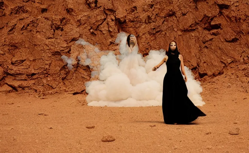 Prompt: levitating woman with fractal mirror dress with white flowers and full - face golden mask inside a thick black smoke in rocky desert landscape, sand alien city in the landscape, burning earth by gaspar noe and christopher doyle, anamorphic lens, anamorphic lens flares, kodakchrome, cinematic composition, practical effects, award winning photo, 8 k