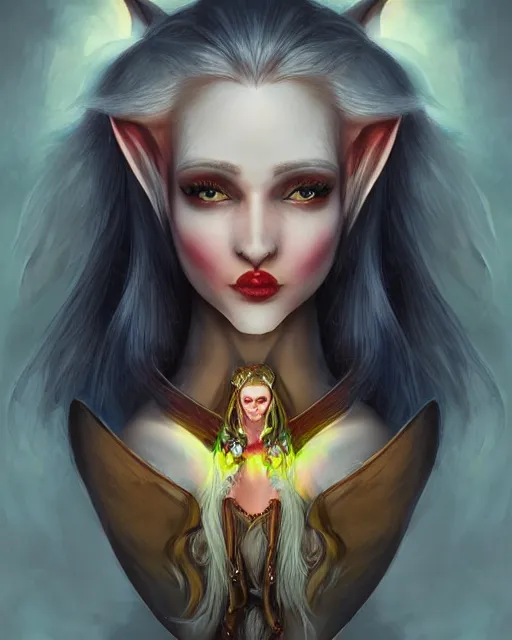 Image similar to beautiful female elf with glowing hair symmetrical face eyes, glistening tongue by Jana Schirmer,