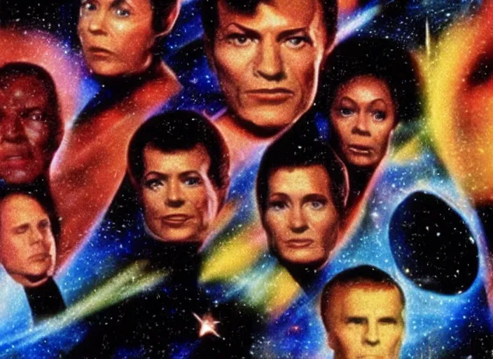 Image similar to a still from a 1 9 8 0 s sci - fi tv programme, star trek tng, deep space nine, star trek voyager, babylon 5, vhs distortion