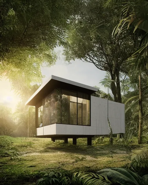 Image similar to a beautiful 3d renderings of a little house in the jungle, architecture by SOM Architect. Architectural photography, 14mm, cinematic photography, high resolution 4k, cg architects, vray