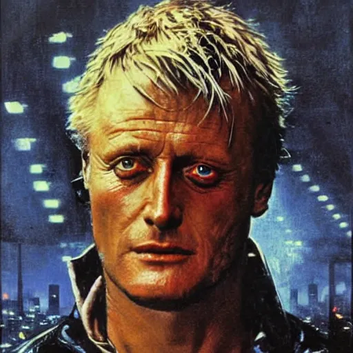 Image similar to rutger hauer as roy batty from blade runner 1982 tears in rain speech, painted by norman rockwell and tom lovell and frank schoonover