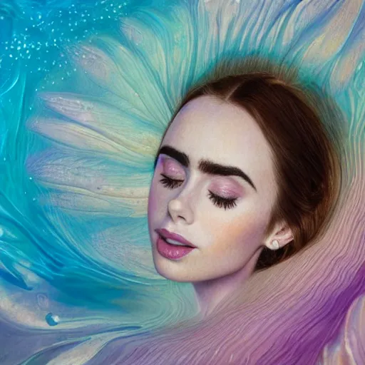 Prompt: portrait of a beautiful blonde queen girl lily collins, floating under the deep dream water, beautiful smooth soft light + white petal, oil paint, closeup, 4 k, highly detailed, instagram,