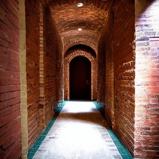 Prompt: dungeon corridor containing a secret concealed door in its bricks, d & d, photo